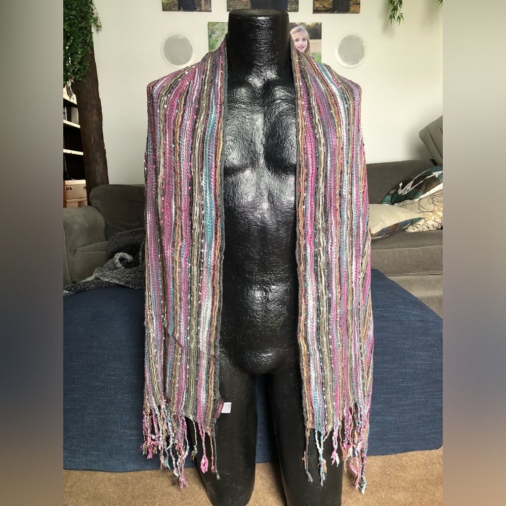 mark. Multicolor Striped Fringe Scarf in Pink, Teal, Gold
